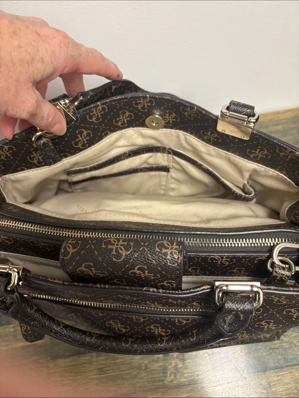 GUESS Brown Satchel with Pink Floral Embroidery